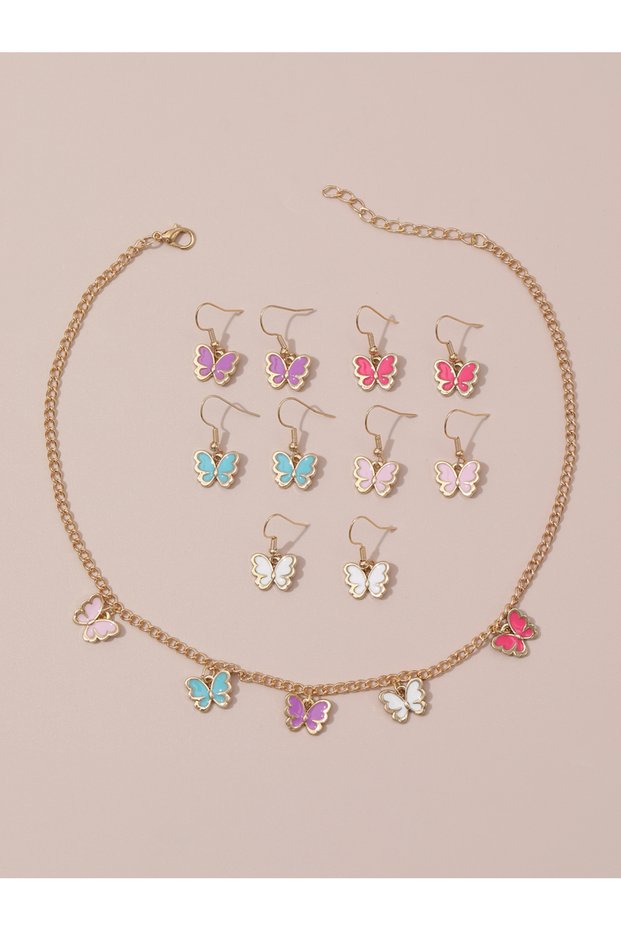 Pack of 6 - Girls Multi-Color Butterfly Charm Necklace and Earring