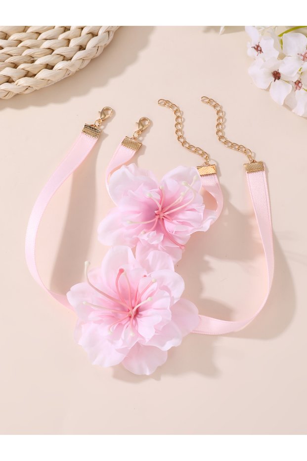 Girls Pink Flower Charm Necklace and Bracelet Set