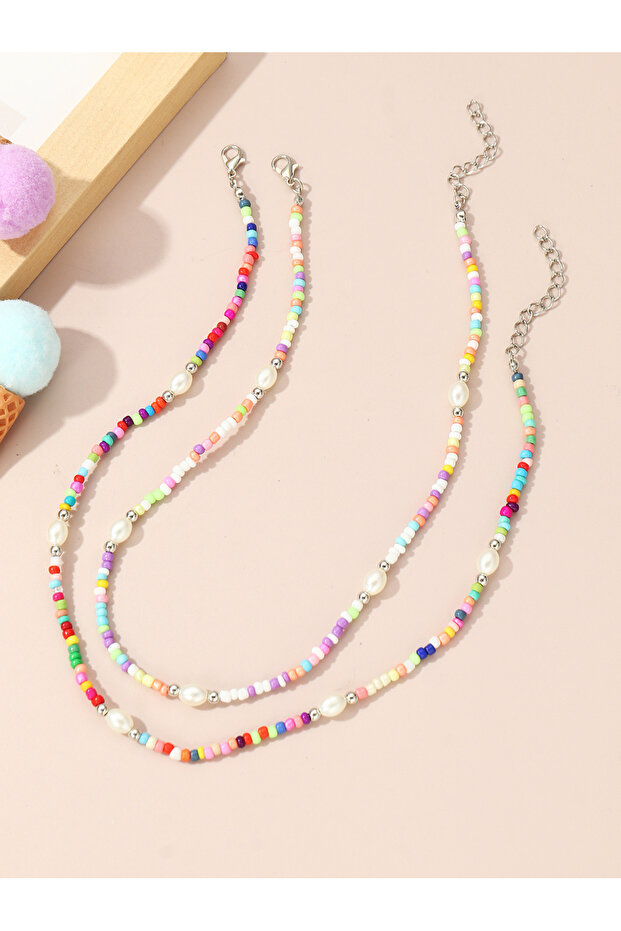 Pack of 2 - Girls Multi-Color Beaded Pearl Necklaces
