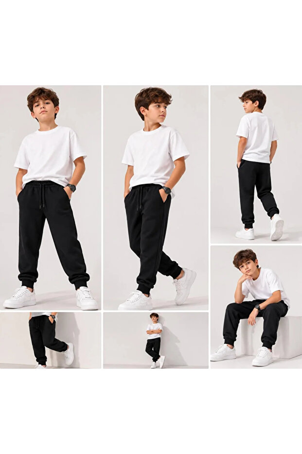 Unisex Children's Ribbed Long Sweatpants - Black
