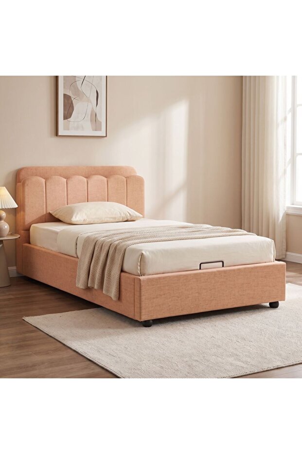 Maxillux LineaUpholstered Kids Bed With Hydraulic Storage + Usb-peach Pink, Engineered Wood, Fabric