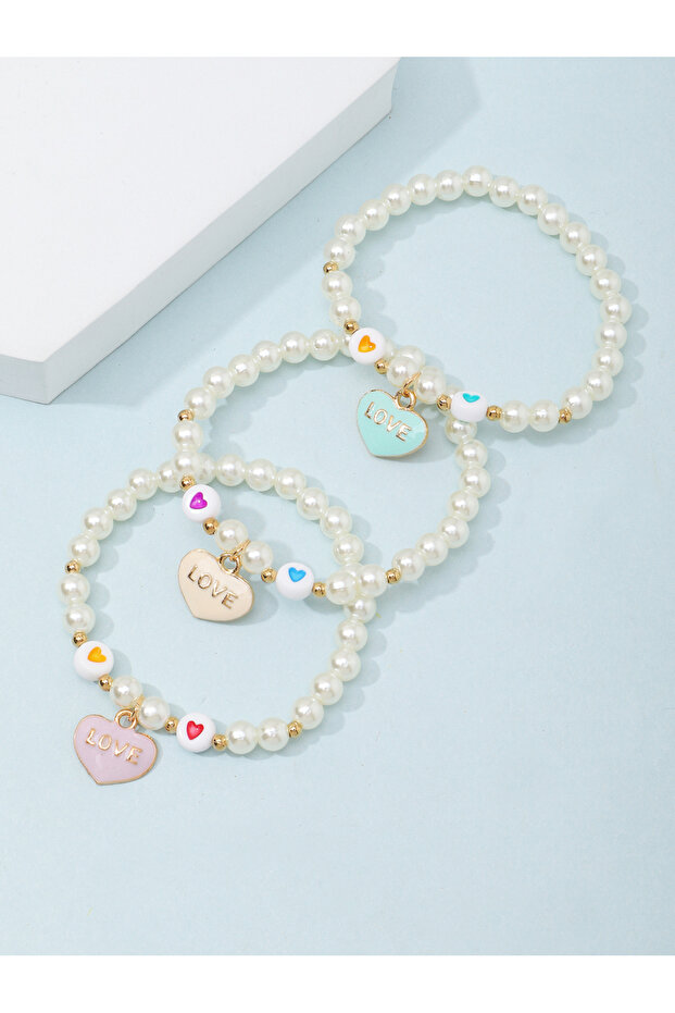 Pack of 3 - Multi-Color Pearl Beaded Bracelets with Colorful Heart Charms