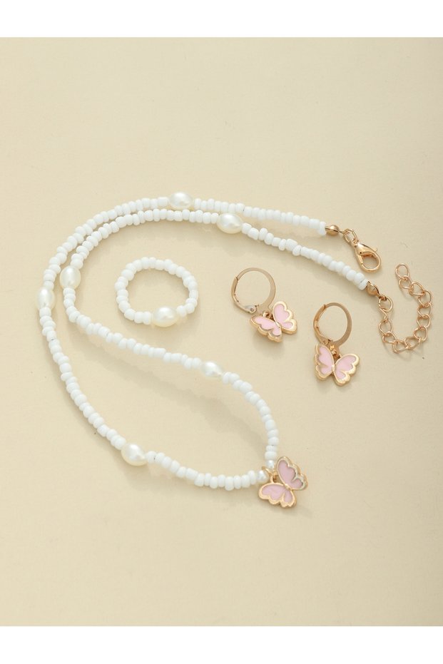 Girls White Butterfly and Pearl Beaded Necklace, Ring and Earrings Set