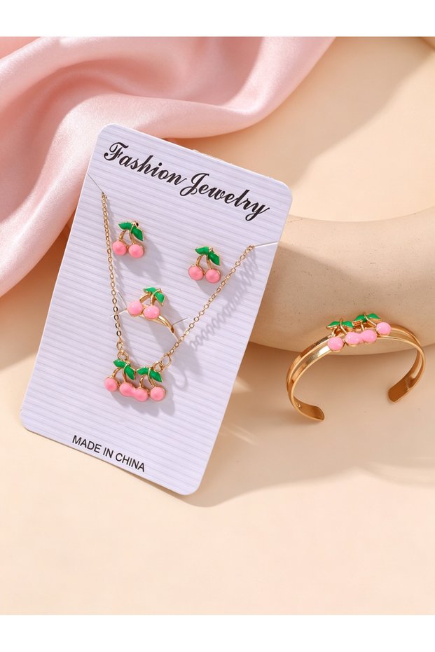 Girls Pink Cherry Charm Necklace, Earrings, Ring and Bracelet Set