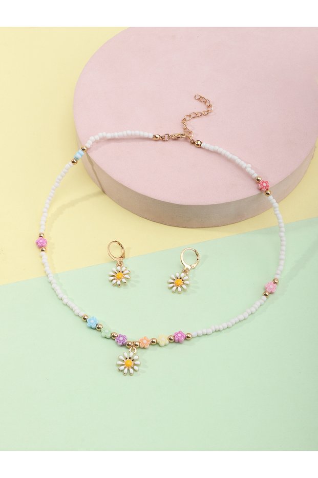 Girls Multi-Color Flower Charm Beaded Necklace and Earrings Set