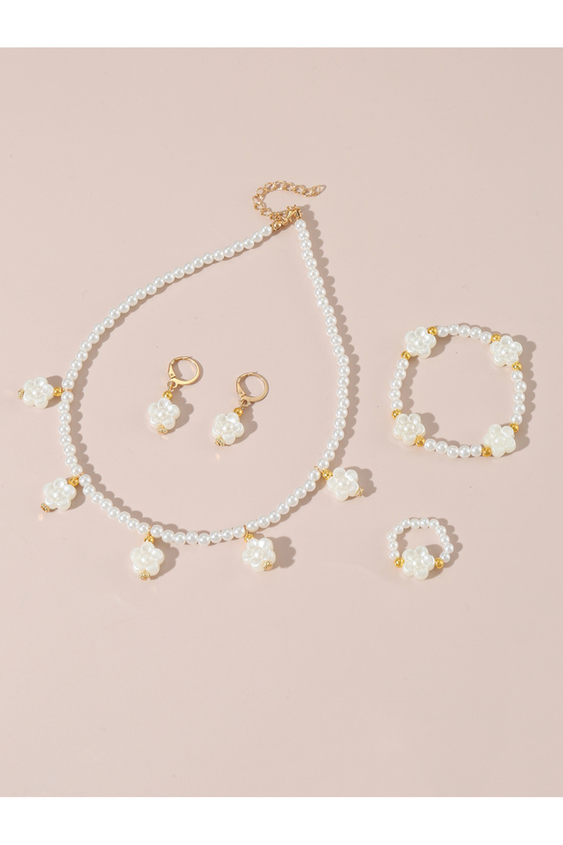 Girls White Flower Charm Pearl Necklace, Bracelet, Ring and Earrings Set