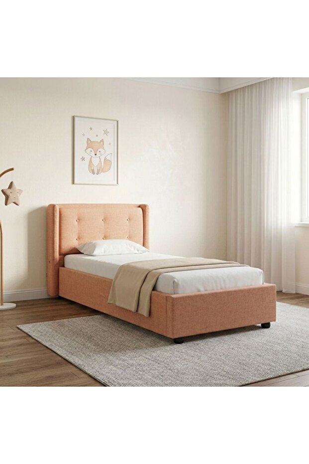 Maxillux Tuft 90X200 Upholstered Kids Bed With Usb-peach Pink, Engineered Wood, Fabric