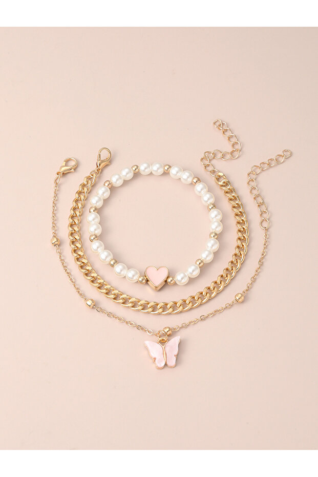 Pack of 3 - Multi-Color Heart and Butterfly Charm Link Bracelets