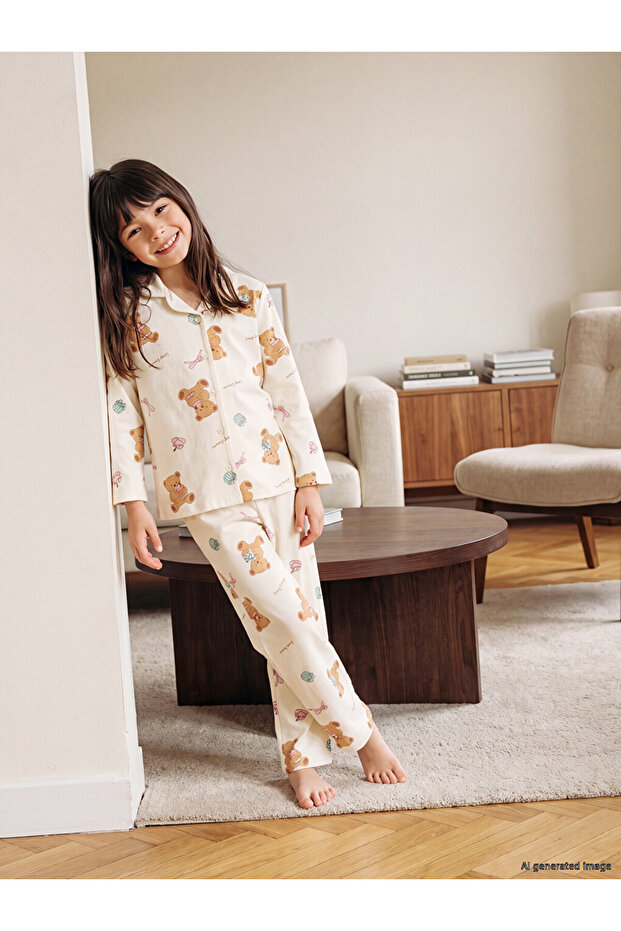 Vizyon New Season Beige Shirt Collar Printed Girls' Pajama Set