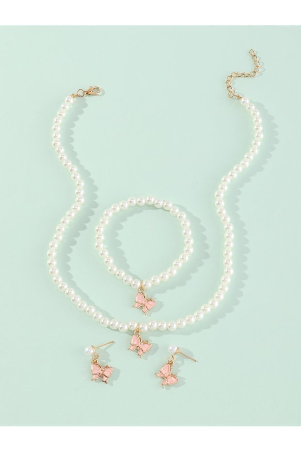 Girls Light Pink Butterfly Charm Pearl Necklace, Bracelet and Earrings Set
