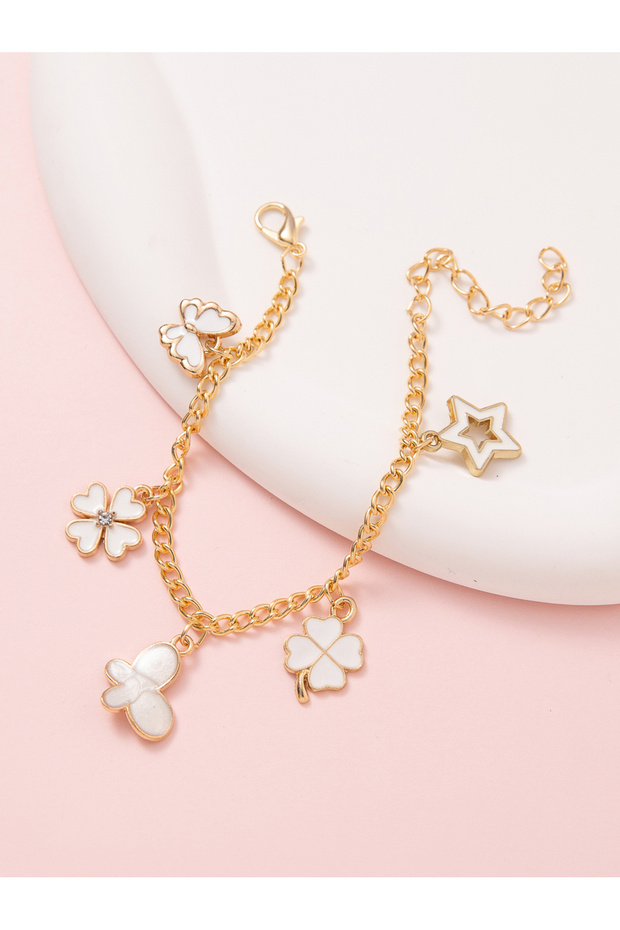 Girls Gold Tone Butterfly and Clover Charms Bracelet