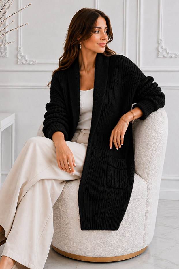 Pocketed Knitwear Cardigan R4596 Black