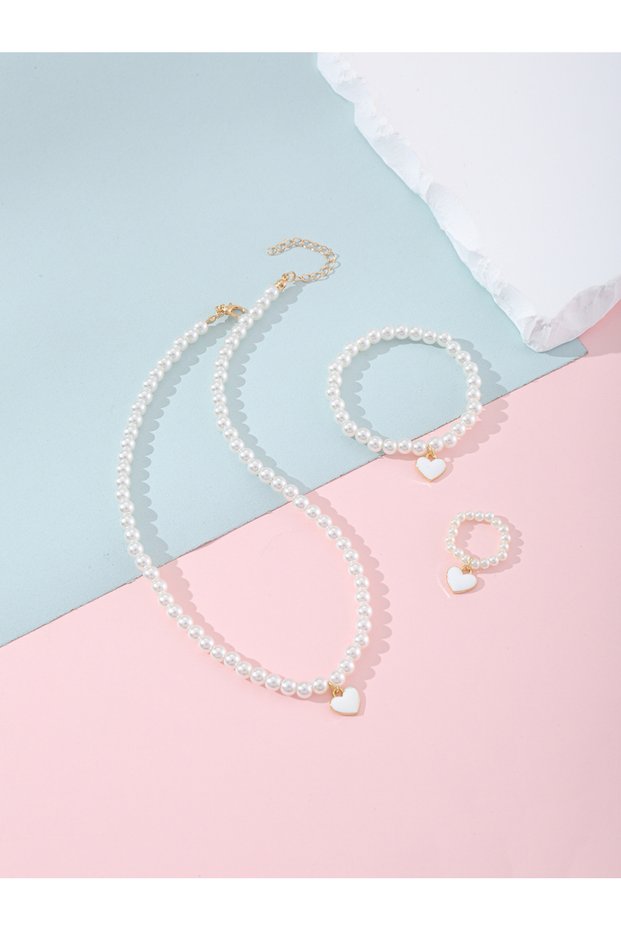 Girls White Pearl Heart Pendant Necklace, Bracelet and Ring Set