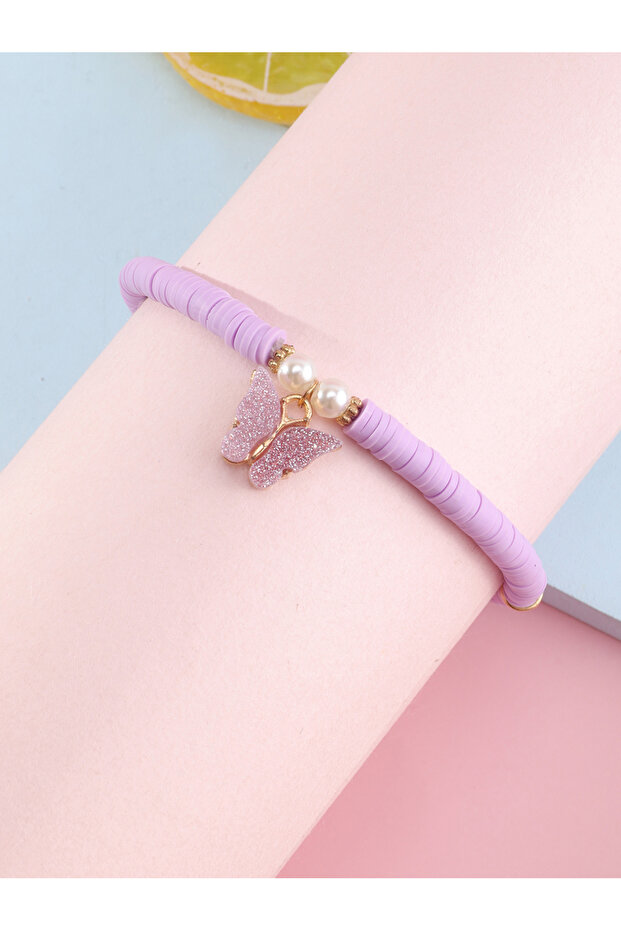Girls Purple Sequin Butterfly Charm Beaded Bracelet
