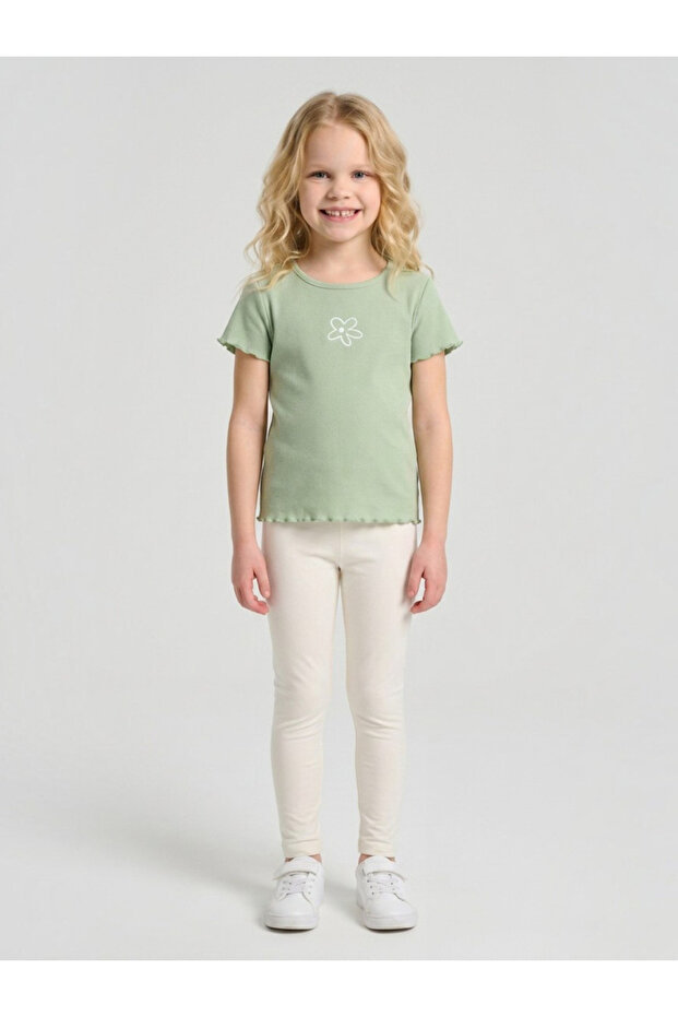 Girls Green Ribbed Flower Embroidery Regular Fit T-Shirt By Juniorloom