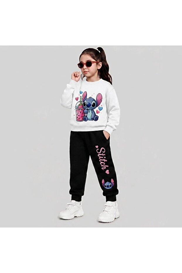 Girl's White-Black Cute Character Printed Tracksuit Set