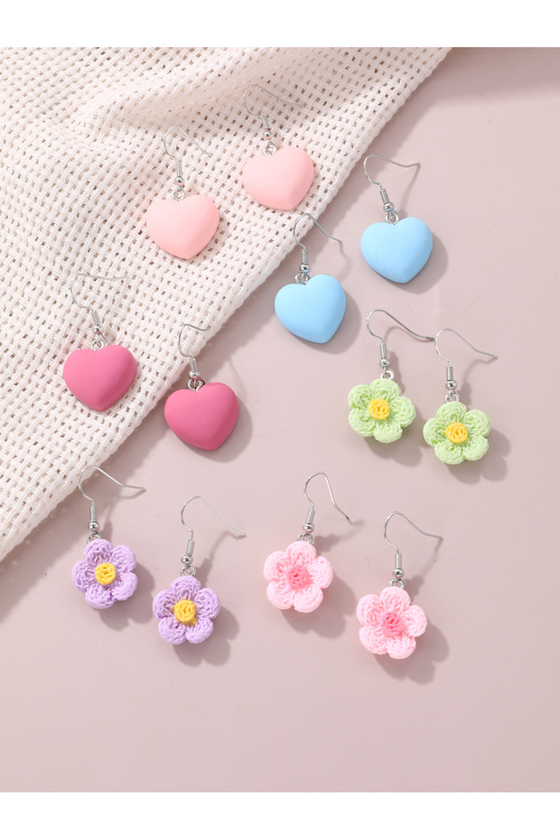 Girls Set of 6 - Heart Flower Drop Earrings