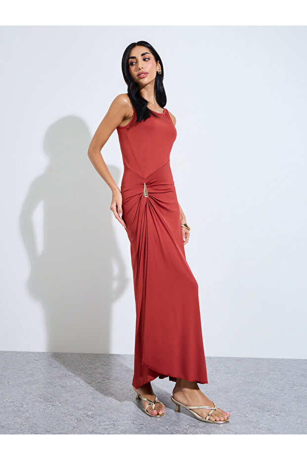 Red Solid Sleeveless Maxi Dress with Side Embellishment