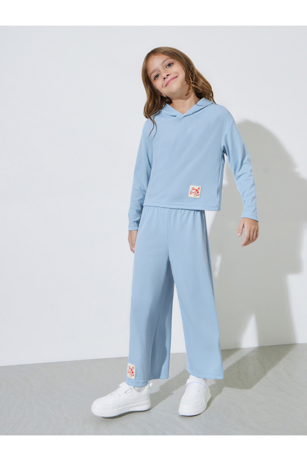 Girls Blue Textured Patchwork Hoodie and Wide Leg Joggers Set