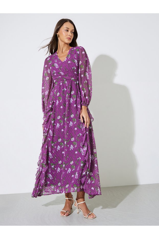 Purple Floral Print Ruffle Details A-Line Maxi Dress