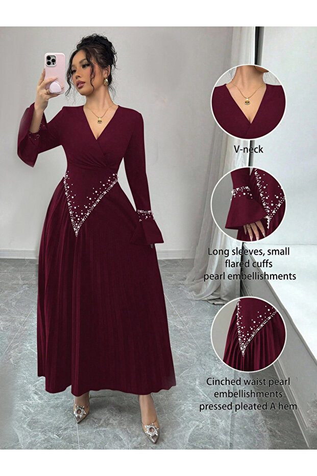 Burgundy Embellished Pleated Long Sleeve A-Line Maxi Dress
