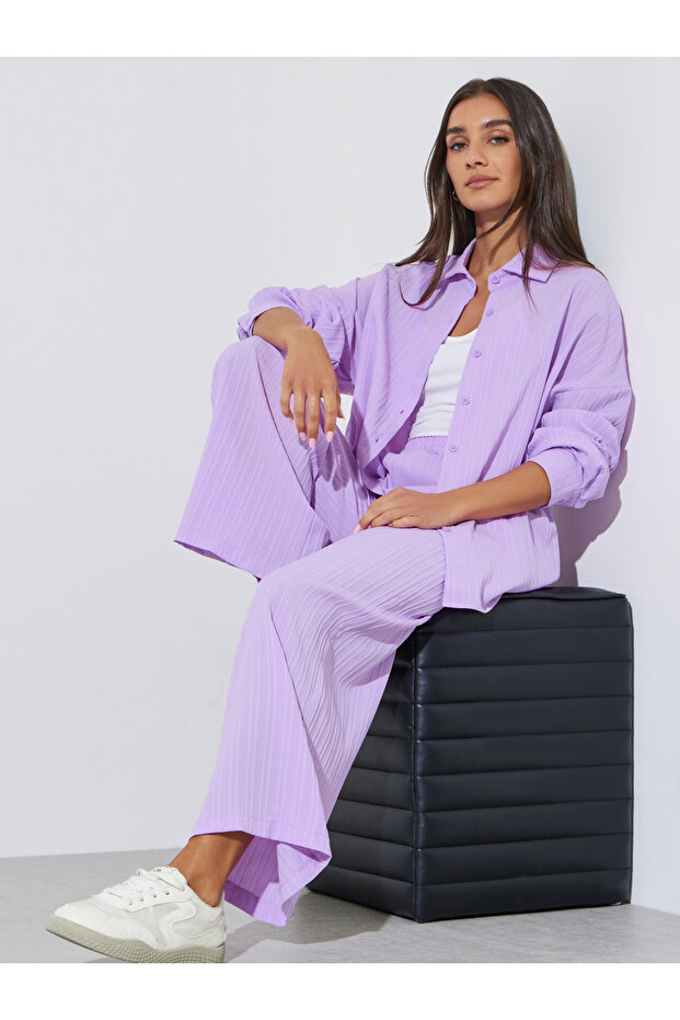 Purple Solid Long Sleeves Shirt and Wide Leg Trousers Set