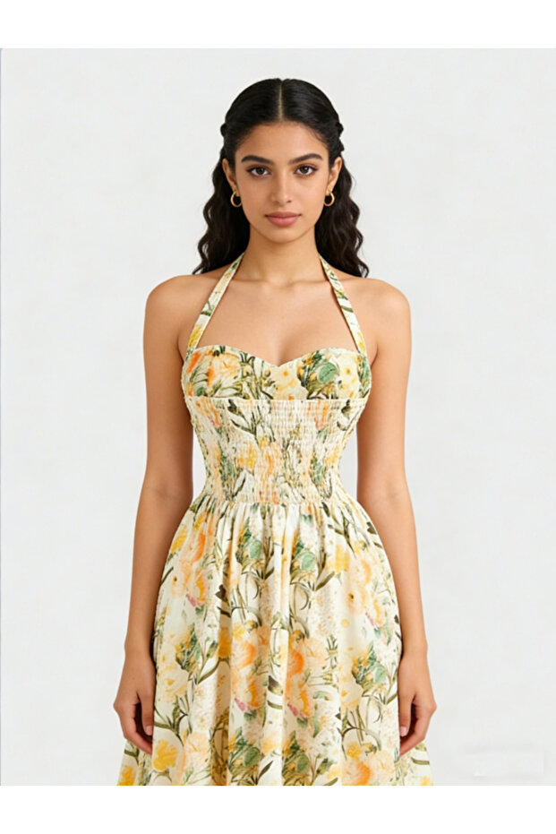Cream Halter Neck Floral Midi Dress