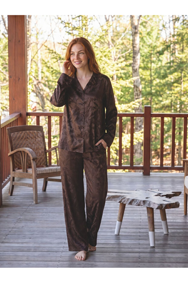 Buttoned Woven Satin Fabric Pajama Set