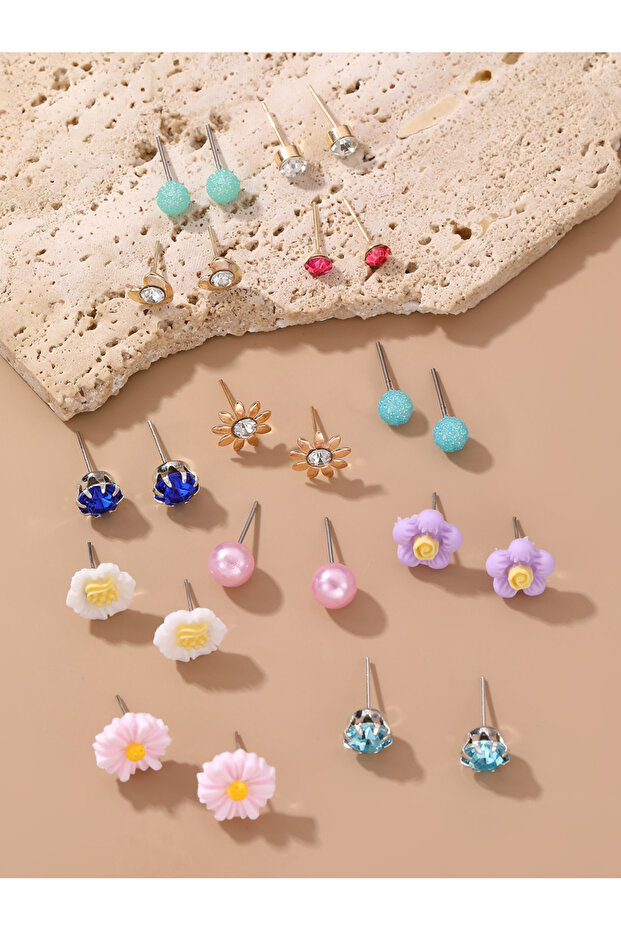 Girls Set of 12 -Flower Decor Stud Earrings