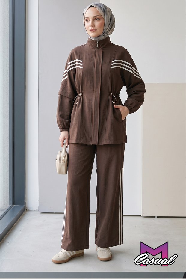 High Collar, Striped Sleeves, Elastic Waist, Zippered Suit