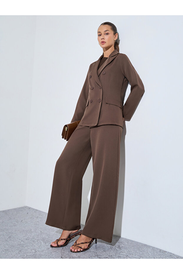 Brown Solid Double-Breasted Blazer and Wide Leg Pants Set
