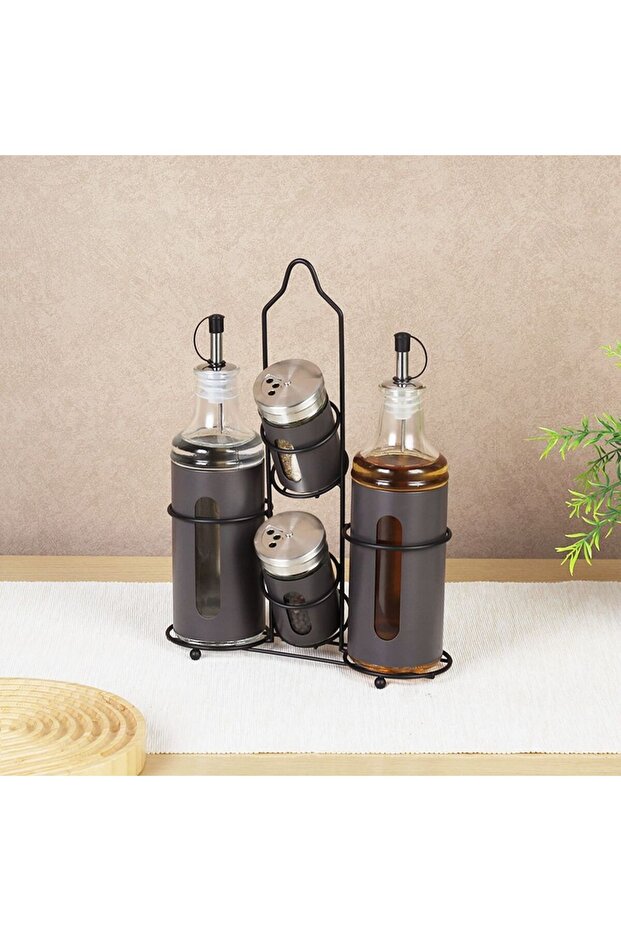 Bistro Bliss 4 Piece Condiment Jar With Stand-Ov:2X400Ml Sp:2X90Ml, Brown, Glass