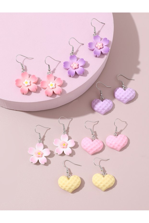 Girls Set of 6 - Flower and Heart Drop Earrings