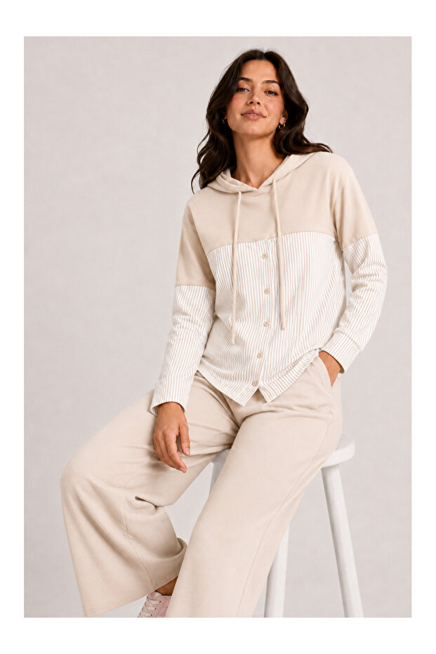 Women's Shirted Long Sleeve Premium Modal Top and Bottom Tracksuit Set - Stone