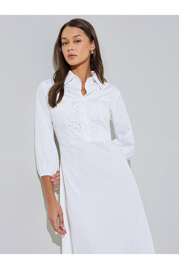 White Solid Schiffli Details 3/4 Sleeves A-Line Maxi Dress