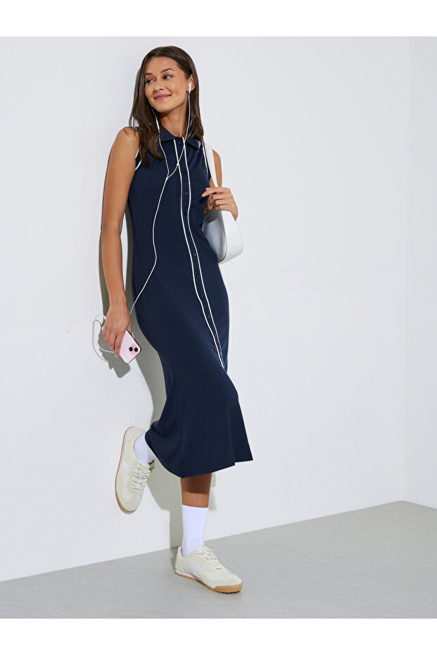 Navy Blue Solid Contrast Trims Collared T-Shirt Midi Dress