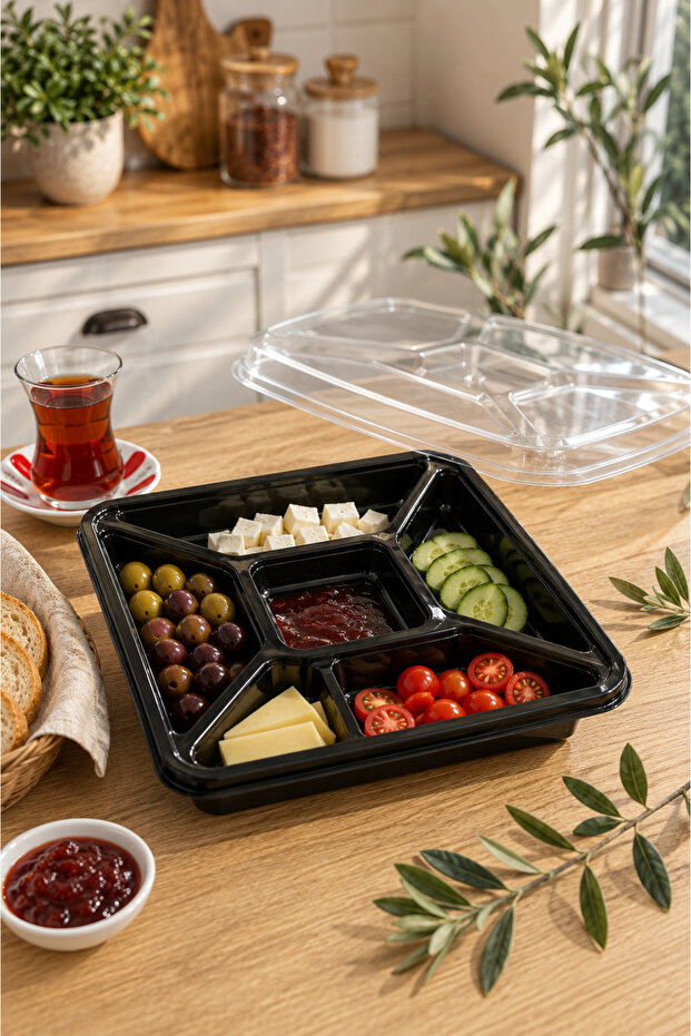 5-Compartment Breakfast Serving Container with Lid – 24 cm