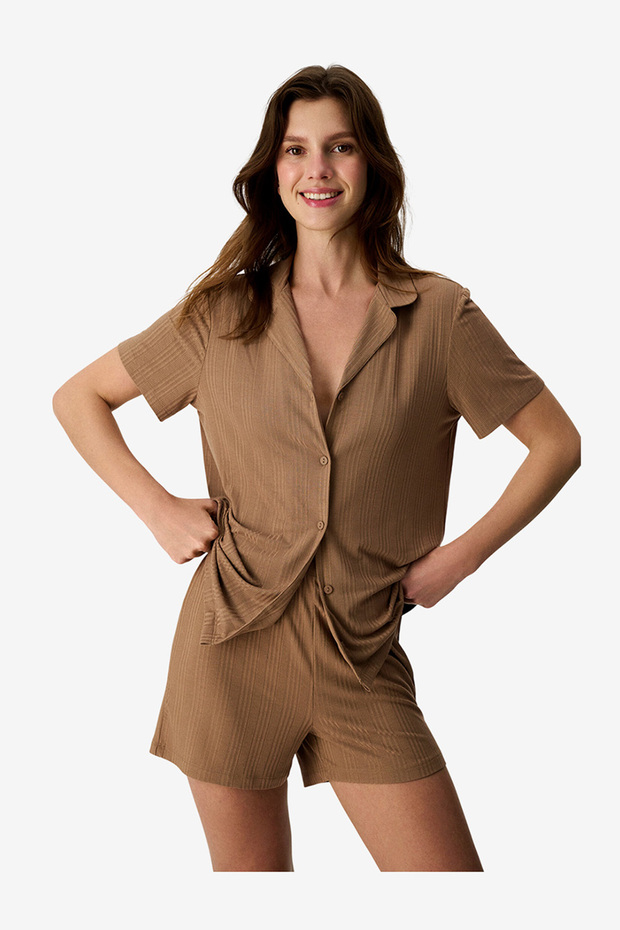 Women's Brown Short Sleeve Viscose Pyjama Set with Shorts