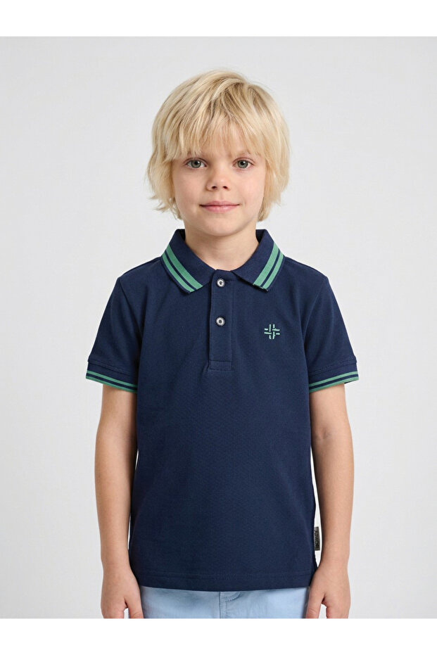 Boys Navy Blue Contrast Trims Regular Fit Polo T-Shirt By Juniorloom