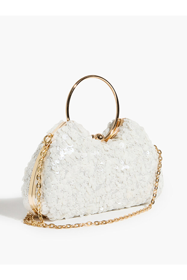 White Sequin Handbag with Gold Tone Ring Handle