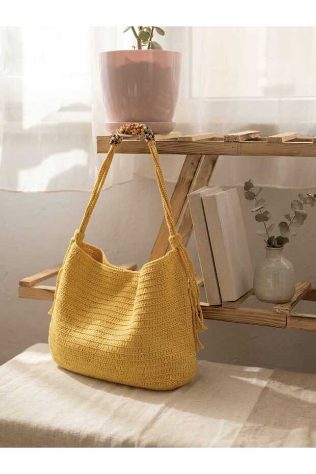 Bead Detailed Knitted Bag Handmade Eyelet