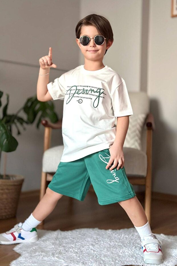 Boys' Designed Text Printed Shorts Set