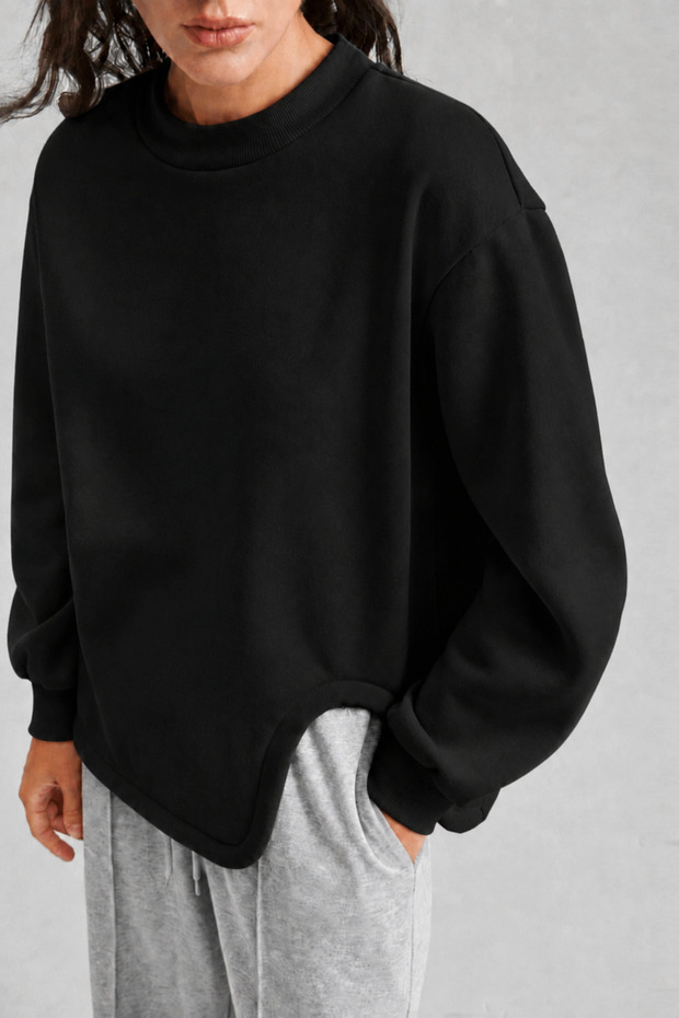 Women's Asymmetrical Crew Neck 3 Thread Ribbed Oversize Sweatshirt