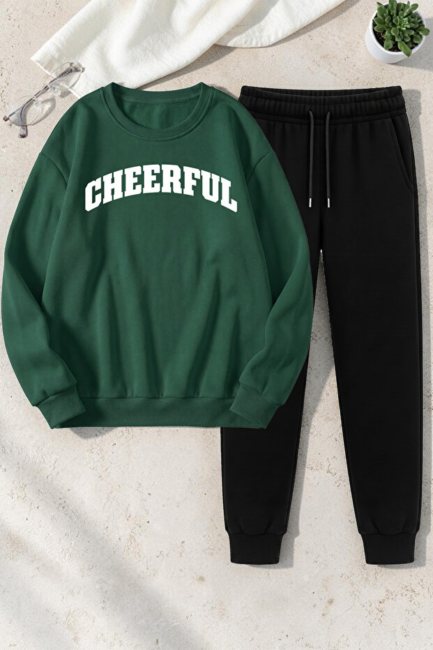 Unisex Cherful Design Printed Crew Neck Sweatshirt - 2-Piece Tracksuit Set
