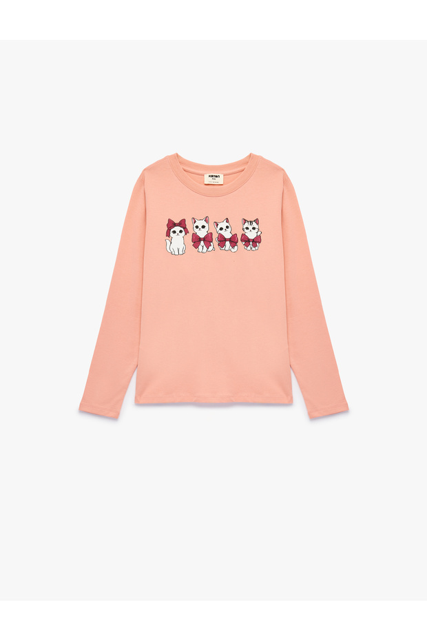 Cotton Crew Neck Cat Printed Long Sleeve T-Shirt