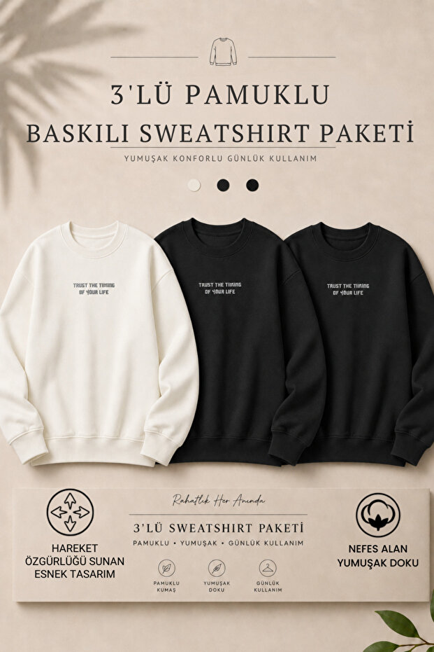 3 Pieces Men's Cotton Printed Regular Fit Sweatshirt