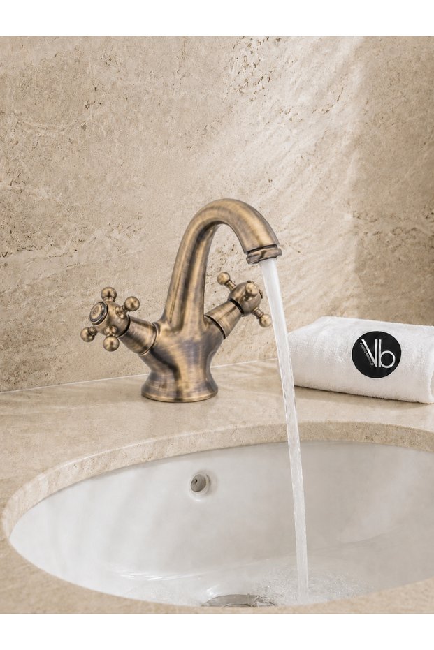 Koç Kartal Series Lavabo Bataryası Brushed Antique Tumbled Brass Body Double Handle Swan Spout