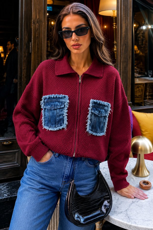 Women's Denim Pocket Detailed Zippered Knitwear Jacket – Casual and Stylish