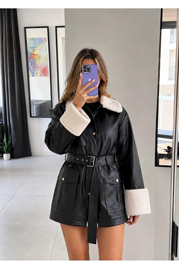 Belted Fur Collar Long Leather Coat