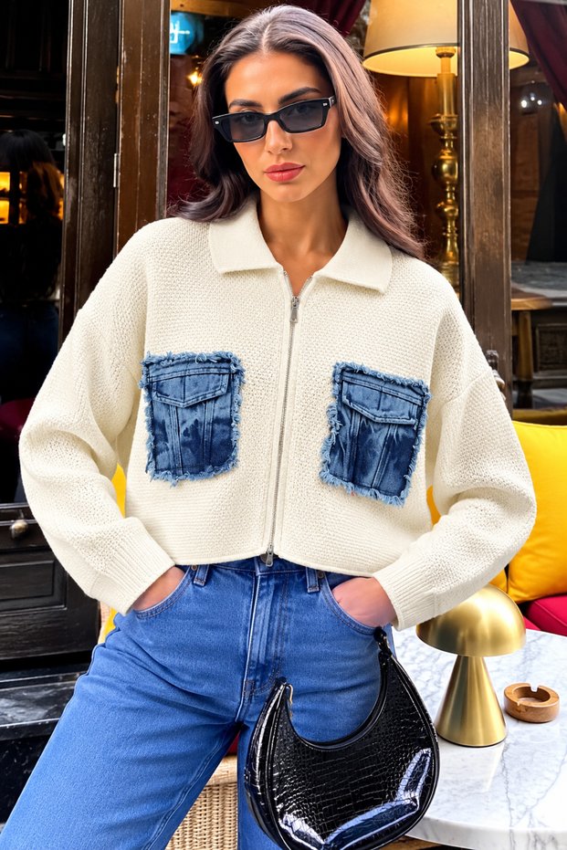 Women's Denim Pocket Detailed Zippered Knitwear Jacket – Casual and Stylish